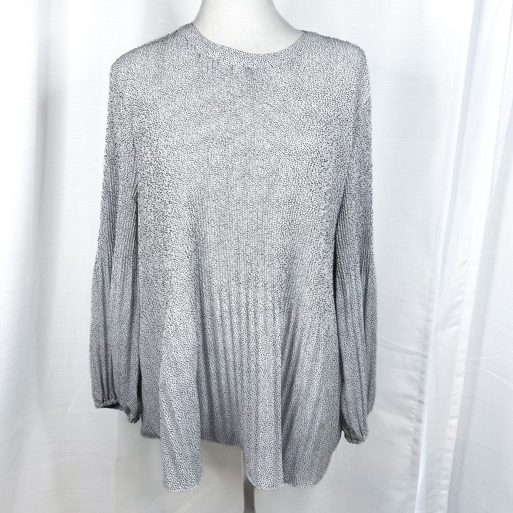 Adrianna Papell Pleated Georgette Blouse XL Ivory Black Microdot NWT